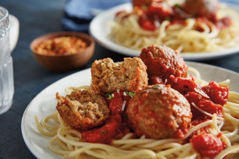 beyond meat meatballs over spaghetti