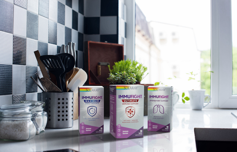 Kitchen utensils, decor and kitchenware in the modern kitchen interior close-up with Immufight boxes