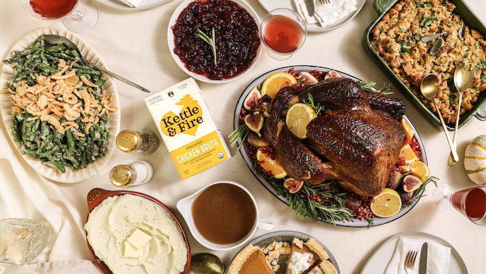 Table set for Thanksgiving featuring Kettle & Fire Chicken Broth