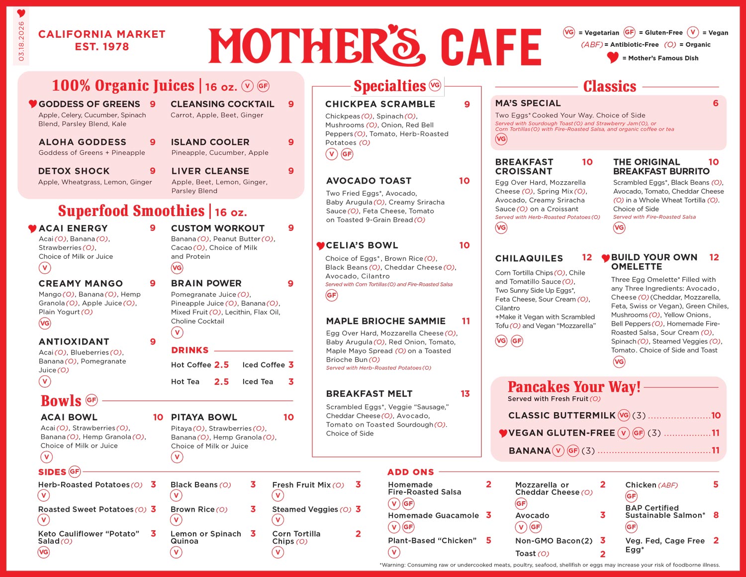 Mother's Cafe Menu