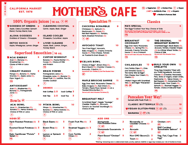 Mother's Cafe Menu 2025
