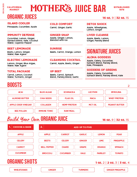 HW Juice Bar Menu