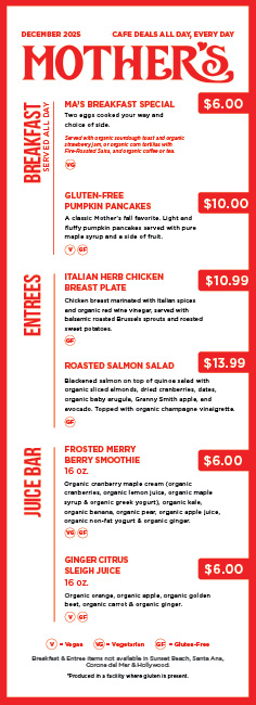 Mother's December Cafe Specials